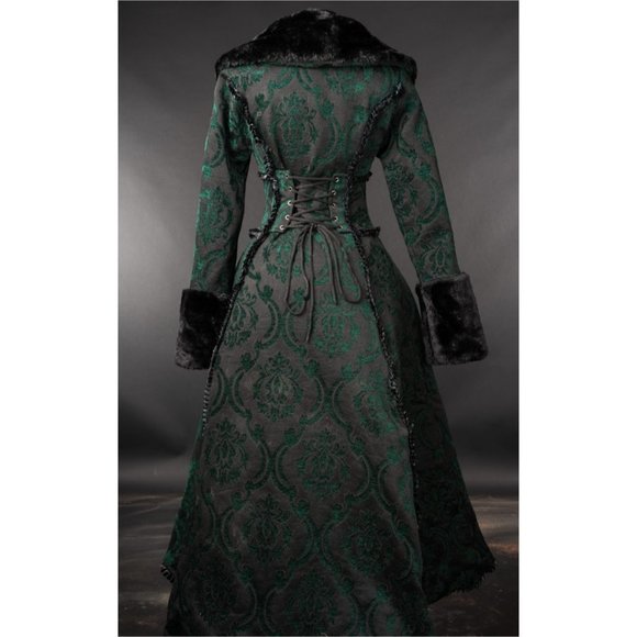 New Heavy Brocade High Low Coat Queen Royal Princess Renaissance Medieval Green - Picture 3 of 7